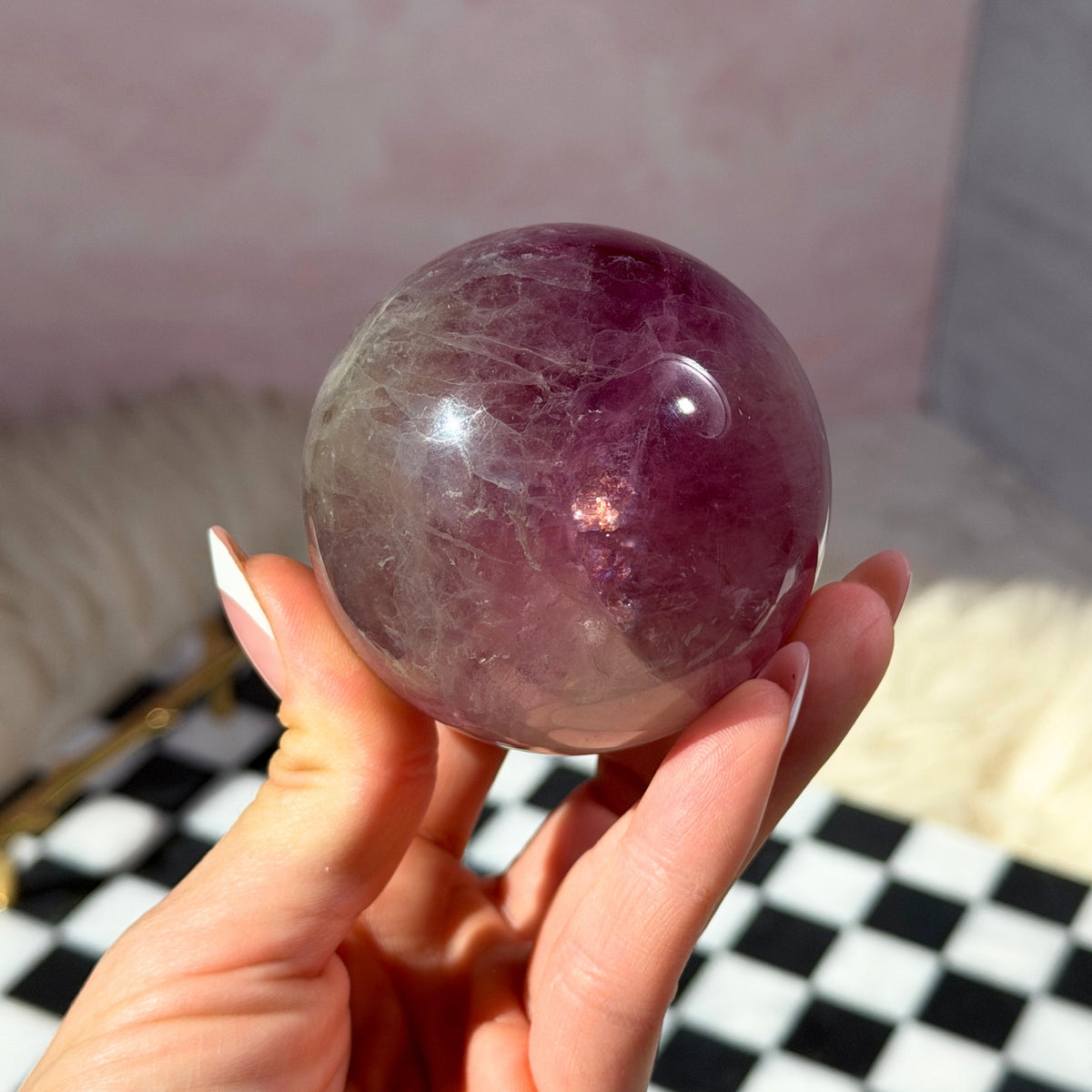 Watermelon Fluorite Sphere 0.85 lb with Gold Stand Namibia Crystal Decor