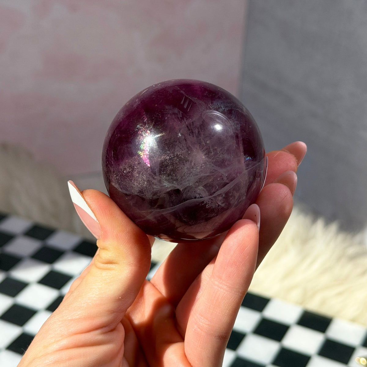 Watermelon Fluorite Sphere 0.7 lb with Gold Stand Namibia Crystal Decor