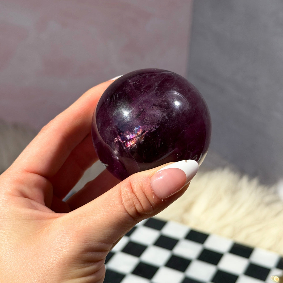 Watermelon Fluorite Sphere 0.7 lb with Gold Stand Namibia Crystal Decor
