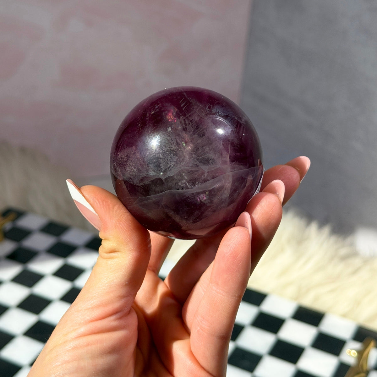 Watermelon Fluorite Sphere 0.7 lb with Gold Stand Namibia Crystal Decor