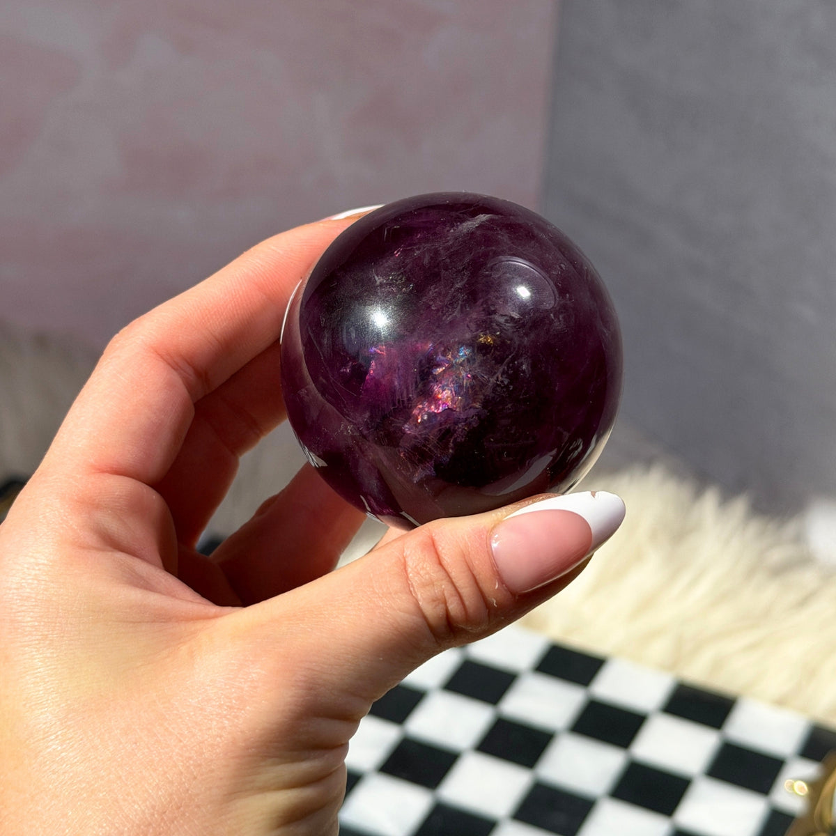 Watermelon Fluorite Sphere 0.7 lb with Gold Stand Namibia Crystal Decor