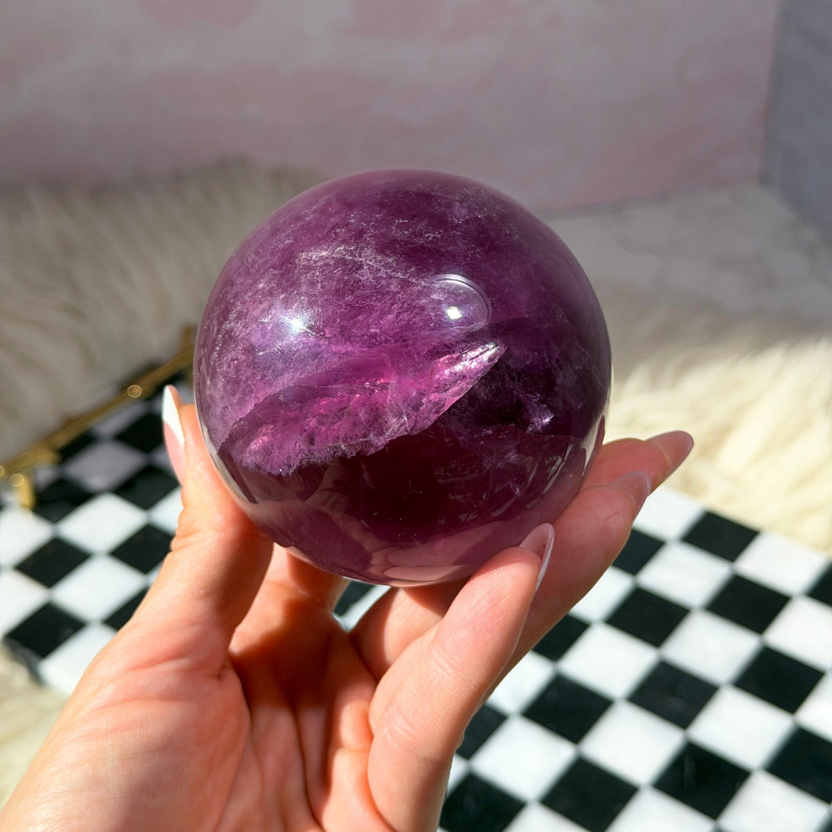 Watermelon Fluorite Sphere 1.6 lbs with Gold Stand Namibia Crystal Decor