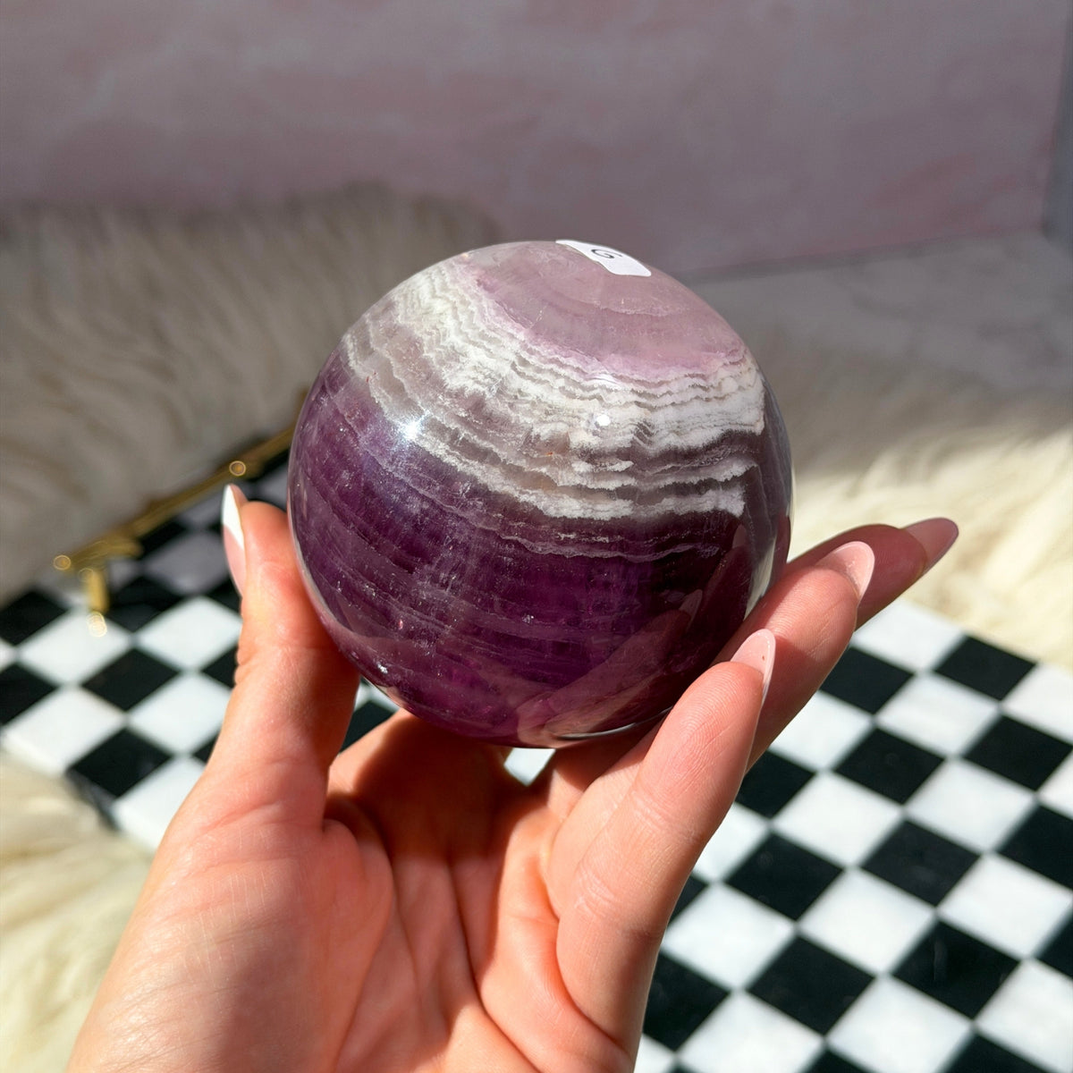 Watermelon Fluorite Sphere 1.6 lbs with Gold Stand Namibia Crystal Decor