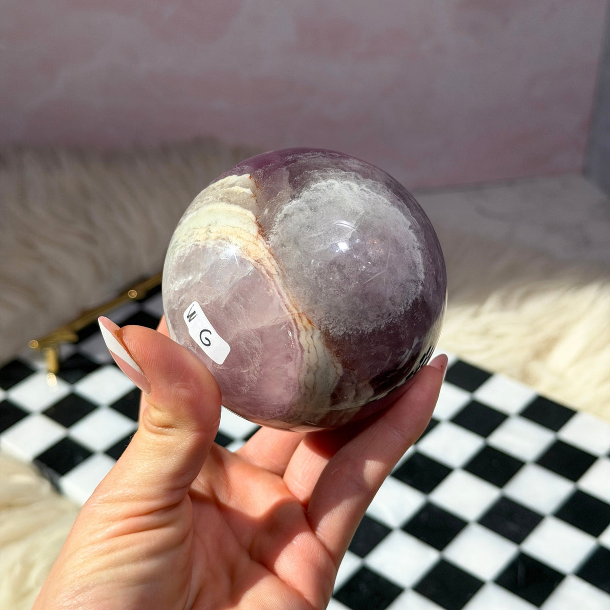 Watermelon Fluorite Sphere 1.6 lbs with Gold Stand Namibia Crystal Decor
