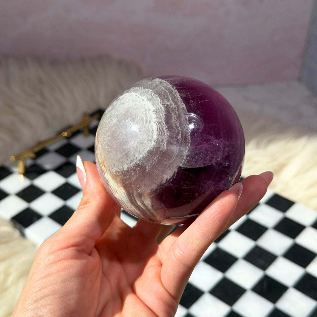 Watermelon Fluorite Sphere 1.6 lbs with Gold Stand Namibia Crystal Decor