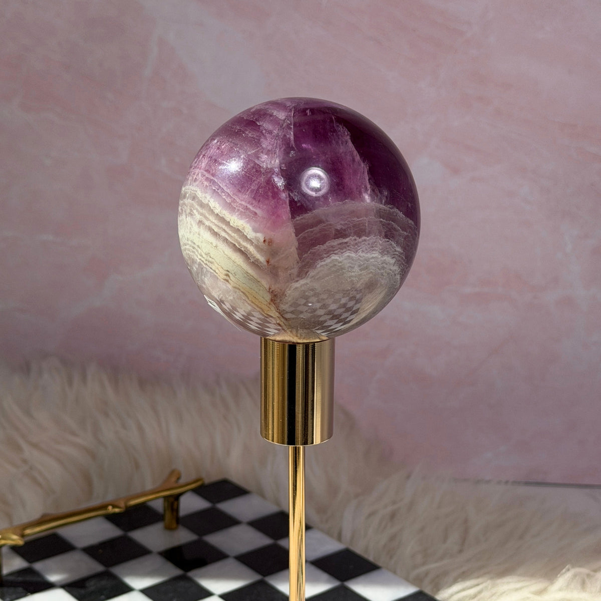 Watermelon Fluorite Sphere 1.6 lbs with Gold Stand Namibia Crystal Decor