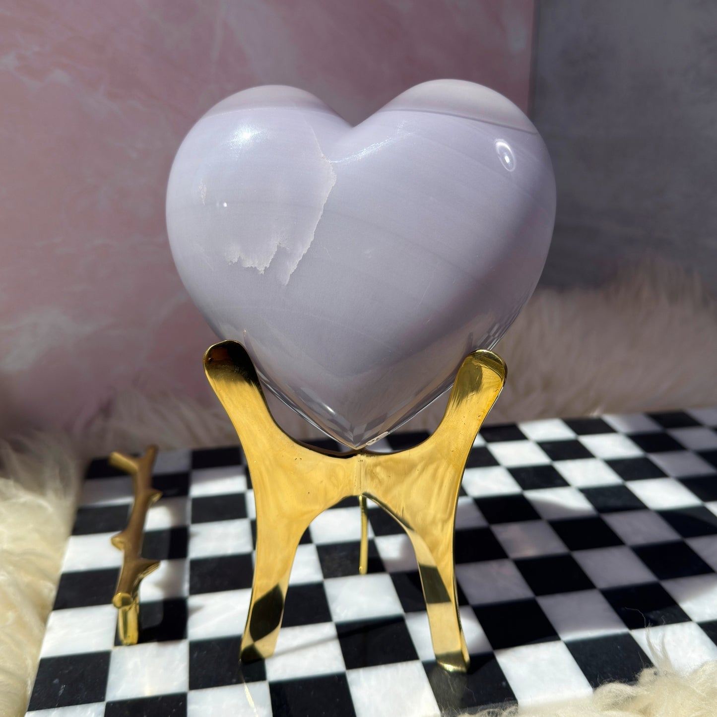 Lavender Yttrium Fluorite Puffy Heart on Gold Stand 3.7 lbs | Natural Mexico Crystal