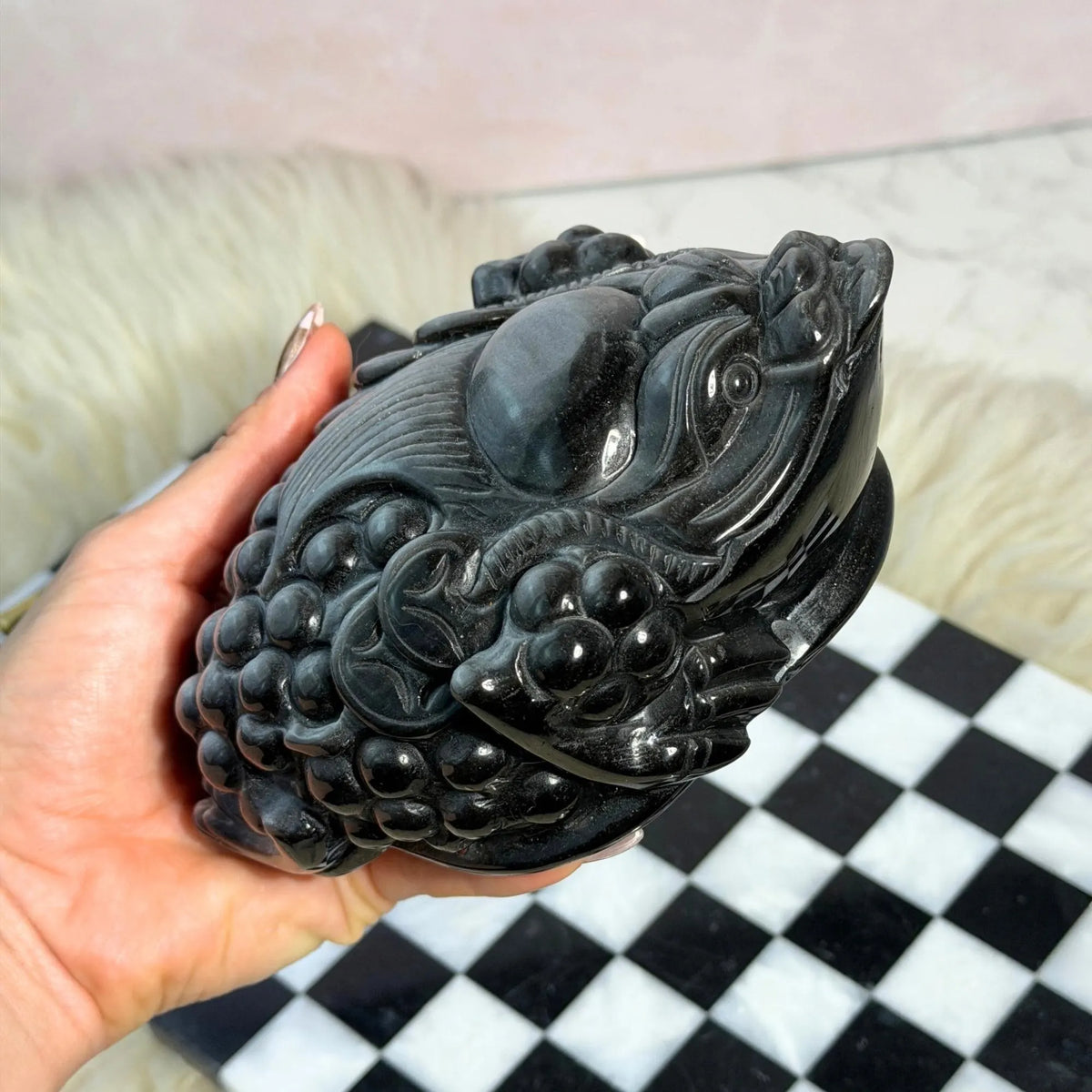 Silver Sheen Obsidian Money Toad 2.16lb Mexican Crystal Carving