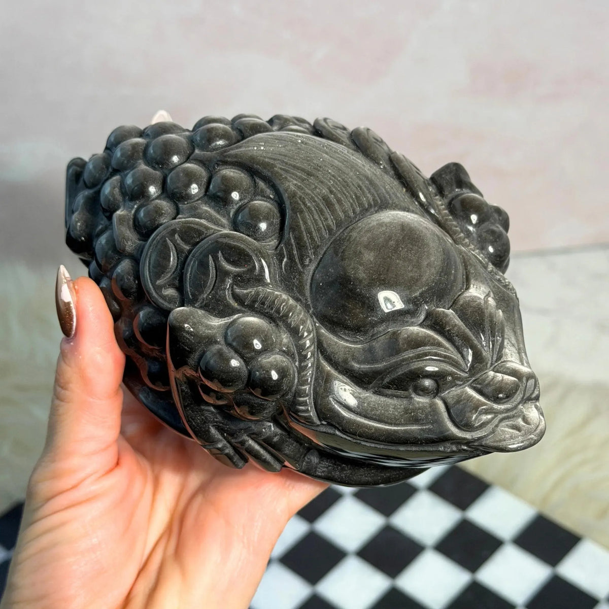 Silver Sheen Obsidian Money Toad 2.16lb Mexican Crystal Carving